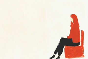 This modern illustration features a woman dressed in a red top, sitting gracefully on a red chair, embodying elegance and tranquility in a minimalistic composition.