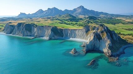 Coastal cliffs, turquoise sea, mountain backdrop, aerial view