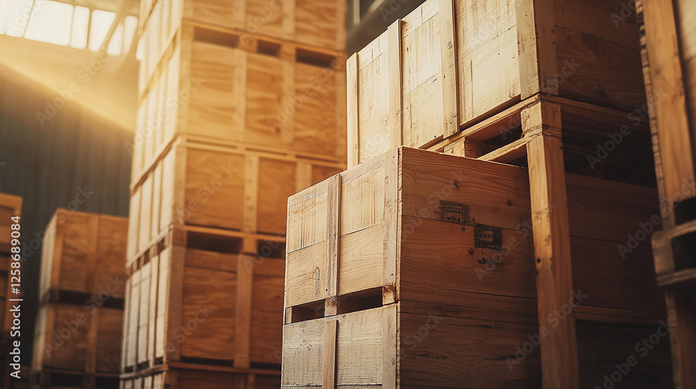 Poster stacked wooden crates on pallets in a warehouse setting, illuminated by natural light, creating an o