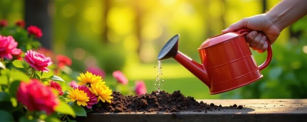 Vibrant blooms, trowel, watering can, sunny garden , petals, shears