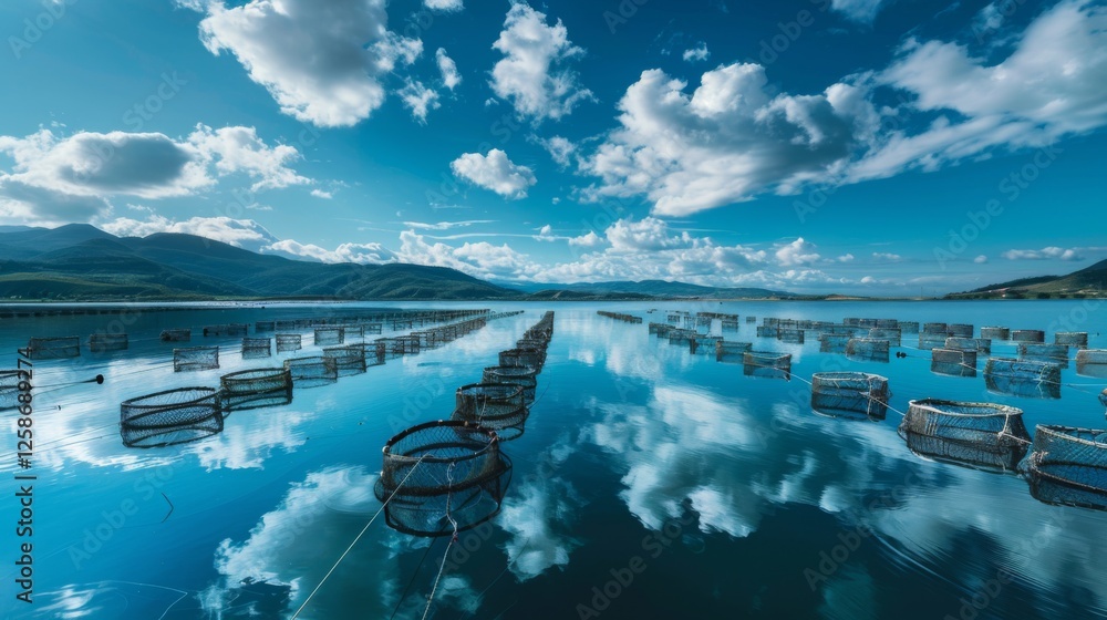 Poster cages are set in calm waters reflecting a vibrant blue sky filled with white fluffy clouds, surround