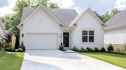 Modern white house, suburban neighborhood, landscaping, sunny day, real estate listing