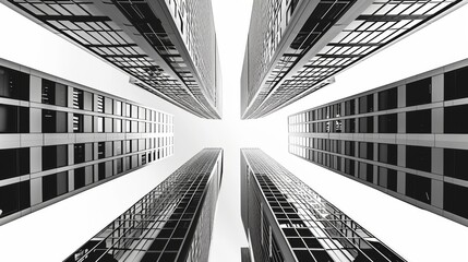 Fototapeta premium A dramatic monochrome perspective of towering skyscrapers converging towards the sky, emphasizing modern urban architecture and symmetry. AI generated.