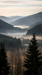 Obraz premium Misty mountain valley sunrise, autumnal forest foreground, peaceful landscape, ideal for travel brochures or nature documentaries