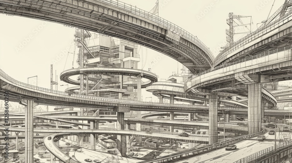 Poster a complex hand-drawn illustration of a futuristic multi-layered highway interchange with intertwinin