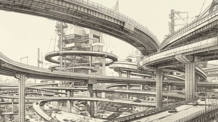 Naklejka premium A complex hand-drawn illustration of a futuristic multi-layered highway interchange with intertwining roads and towering structures, showcasing advanced urban infrastructure. AI generated.