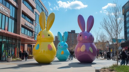 Colorful painted Easter bunnies are displayed in a vibrant city square, celebrating spring and...