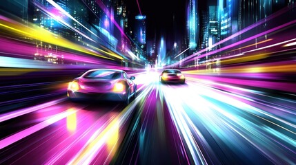 Two cars speeding through a vibrant, neon-lit city at night.