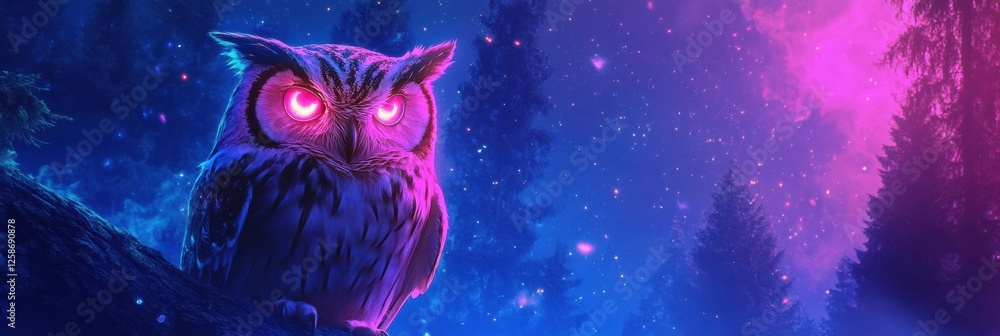 Aufkleber enigmatic owl perched in a mystical forest glowing with vibrant colors at night. generative ai