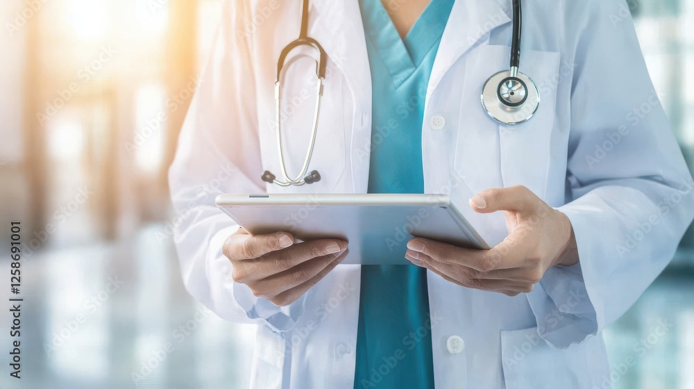 Aufkleber a stethoscope and digital health chart concepts. healthcare professional in a lab coat holds a table