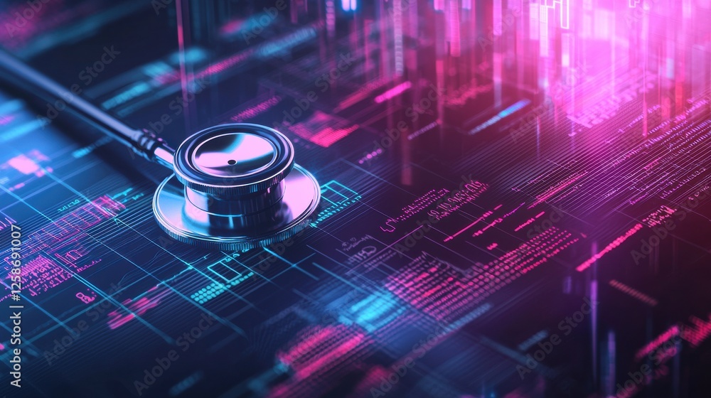 Aufkleber A stethoscope and digital health chart concepts. Digital stethoscope on a futuristic background with glowing data patterns representing health technology.