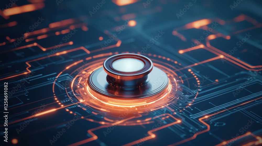 Poster a stethoscope and digital health chart concepts. futuristic button on a circuit board with glowing e