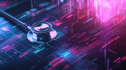 A stethoscope and digital health chart concepts. Digital stethoscope on a futuristic background with glowing data patterns representing health technology.