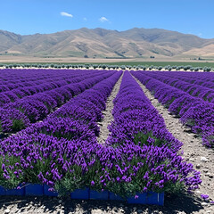 Fototapeta premium Lavender field rows under blue sky, mountains in background. Possible use stock photo