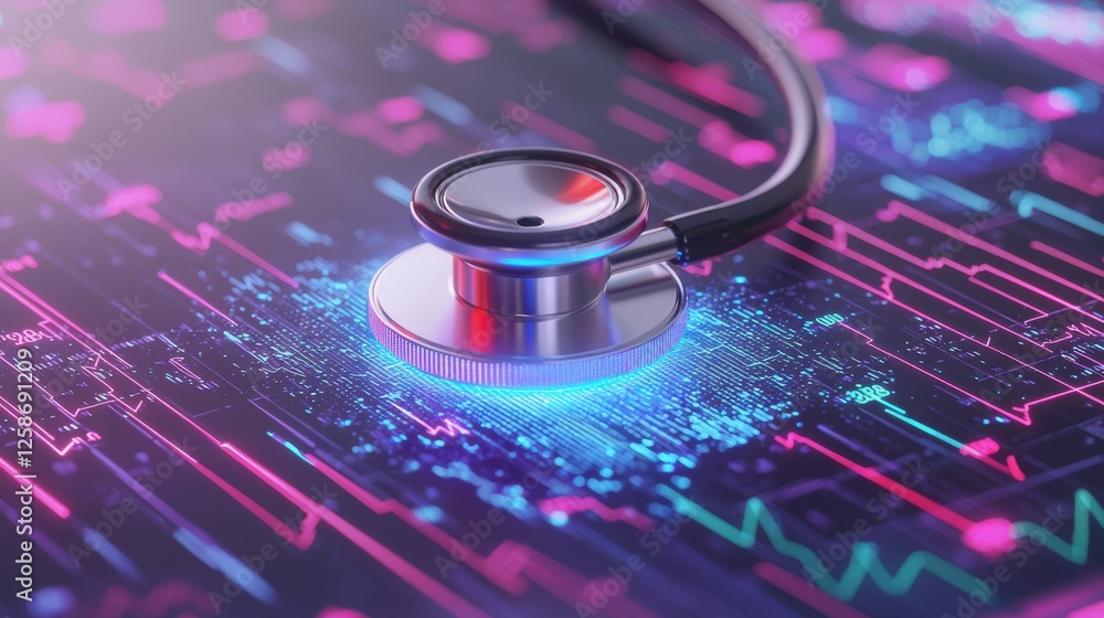 Poster A stethoscope and digital health chart concepts. Digital stethoscope on a vibrant background of health data and analytics.