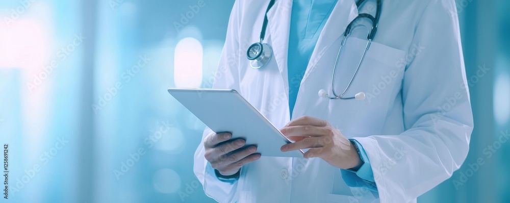 Aufkleber A stethoscope and digital health chart concepts. A healthcare professional using a tablet in a modern medical environment.