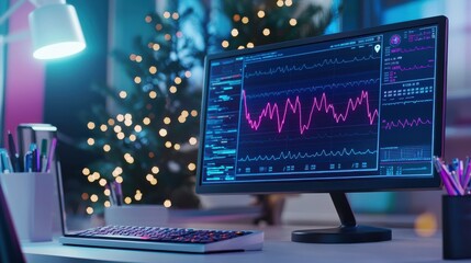 A stethoscope and digital health chart concepts. Modern workspace with a computer displaying data analysis beside a decorated Christmas tree.