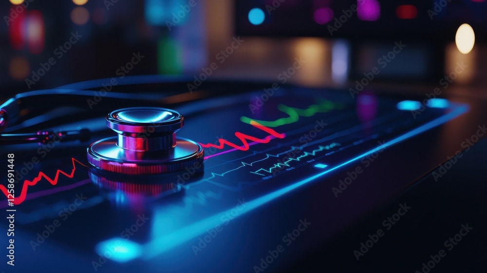 Fototapete A stethoscope and digital health chart concepts. A stethoscope rests on a digital monitor displaying vibrant health data and waveforms.