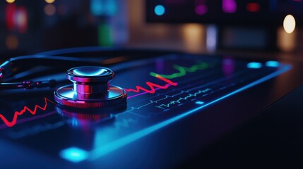 A stethoscope and digital health chart concepts. A stethoscope rests on a digital monitor displaying vibrant health data and waveforms.