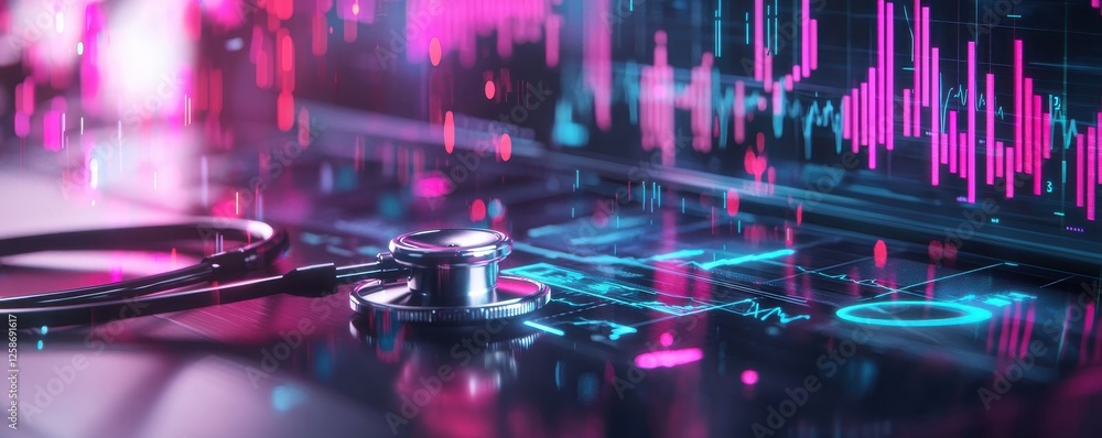 Leinwandbilder A stethoscope and digital health chart concepts. Futuristic healthcare technology with a stethoscope and digital data visualization.