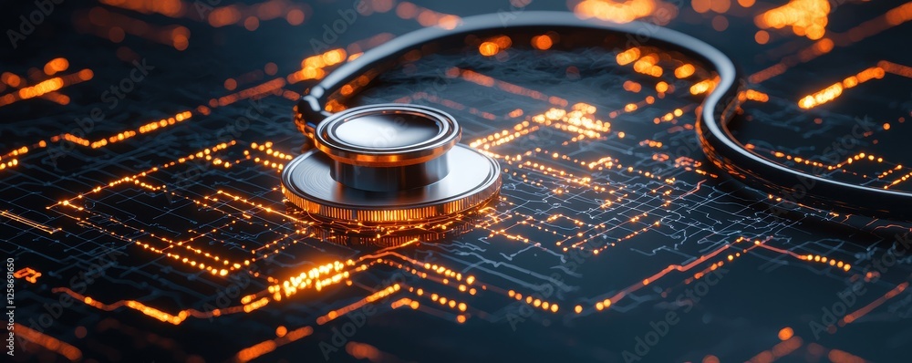 Aufkleber a stethoscope and digital health chart concepts. a stethoscope rests on a glowing circuit board, sym