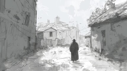 A digital sketch in monochrome depicts a lone figure in a long coat and hat walking through an old village. The scene conveys nostalgia and mystery. AI generated.
