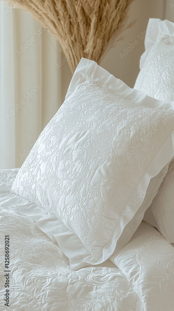 Poster soft white pillow adorned with intricate patterns rests elegantly on a neatly made bed. the serene a