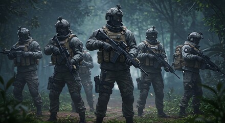 Group of Soldiers Patrol in Jungle with Rifles and Tactical Gear