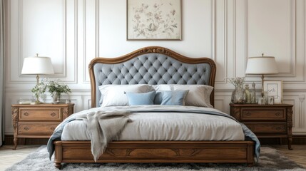 Elegant Wooden Bed with Gray Upholstery in a Classic Bedroom