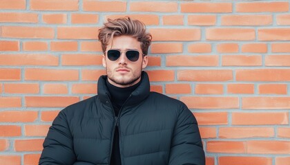 Obraz premium A stylish young man poses against a textured brick wall dressed for cold weather