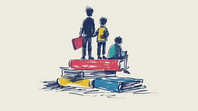 A colorful sketch-style illustration of three children standing on stacked books, symbolizing education and learning. The artistic strokes give a creative and inspirational feel. AI generated.