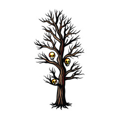 Obraz premium Illustrate a skeletal tree, gnarled branches interwoven with numerous human skulls, set against a dark, moonlit sky. Detail bone texture and skull variations.