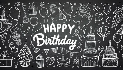 Birthday doodle icon element on chalkboard background. Hand drawn sketch doodle birthday cake, balloon, event decoration element. Party, carnival celebration concept background. perfect any project.