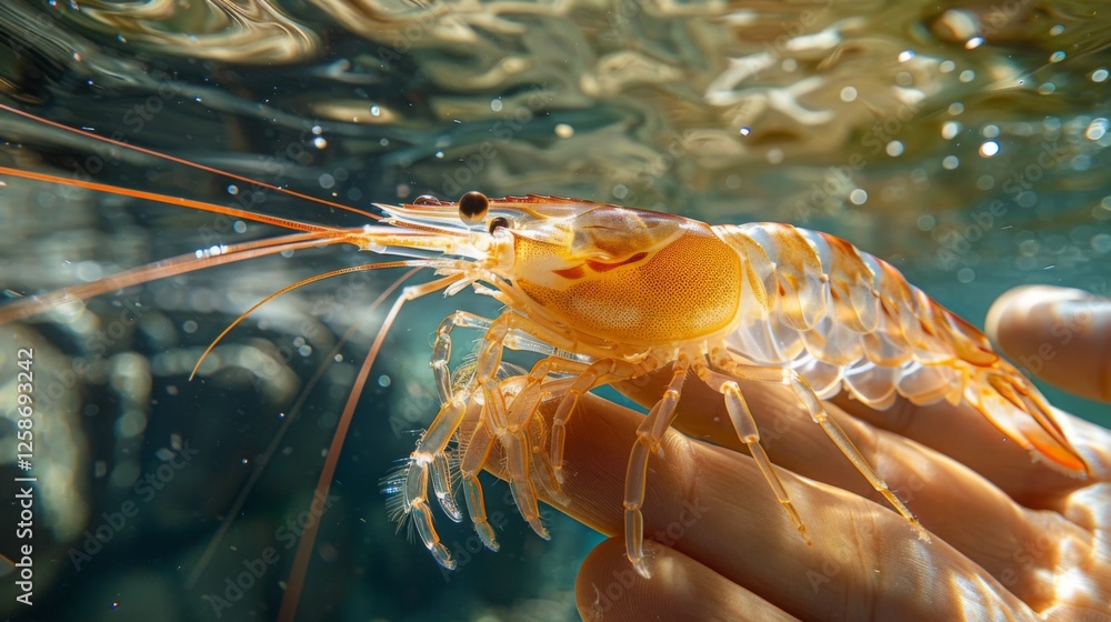 Poster a vibrant shrimp is held gently in a human hand submerged in clear water, showcasing its striking co