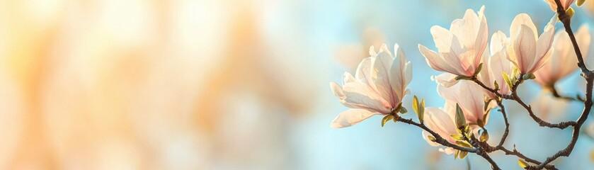 A serene image of blooming magnolia flowers against a soft blue background, evoking a sense of tranquility and beauty in nature.