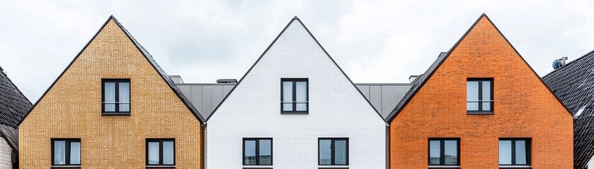 Obraz premium A row of modern, geometric houses with distinct colors-orange, white, and yellow-showcasing contemporary architectural design.