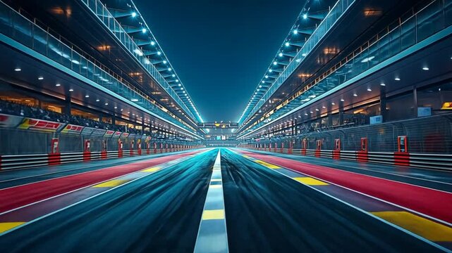 Night race track, illuminated stands, motion blur, city backdrop, motorsport advertising