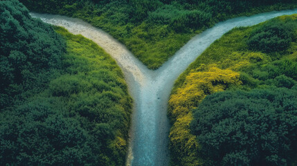 Aerial view of a crossroads in a lush green landscape, symbolic decision-making concept, nature pathway, divergent paths, environmental choices, scenic outdoor scenery, and inspirational journey