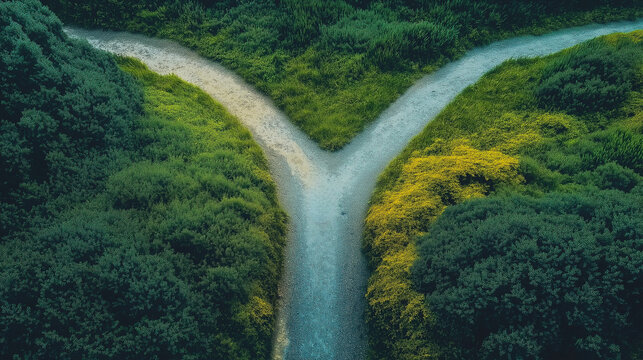 Aerial view of a crossroads in a lush green landscape, symbolic decision-making concept, nature pathway, divergent paths, environmental choices, scenic outdoor scenery, and inspirational journey