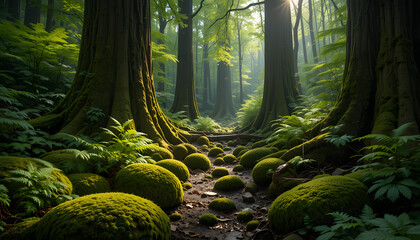 Sunlit Forest Path With Mossy Rocks And Lush Greenery