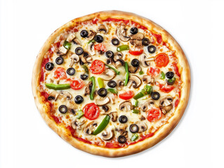 Delicious pizza with tomatoes, mushrooms, and bell peppers on a white background