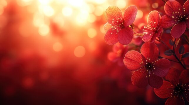 Spring blossoms, sunrise, red flowers, soft bokeh background