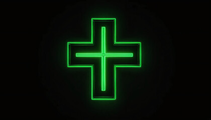 Fototapeta premium Illuminated green pharmacy cross symbol for healthcare branding and nighttime pharmacy promotion
