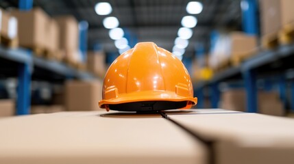 Orange safety helmet on cardboard box in warehouse