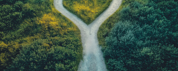 Aerial view of a crossroads in a lush green landscape, symbolic decision-making concept, nature pathway, divergent paths, environmental choices, scenic outdoor scenery, and inspirational journey