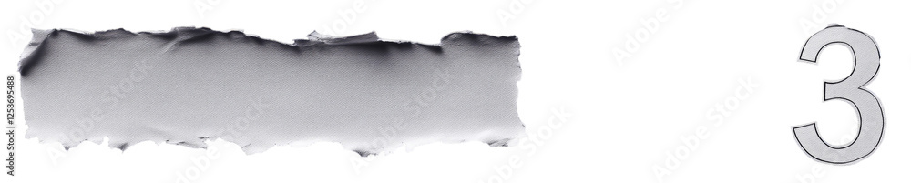 Poster Torn Paper Texture with Number 3: A high-resolution image featuring a piece of torn gray paper with a slightly darker gray shadow along the edges. The number 3 is prominently displayed to the right.