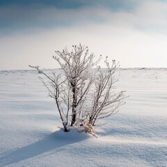 Campo innevato con una pianta morta