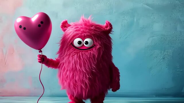 Cute monster character holds heart-shaped balloon against colorful background