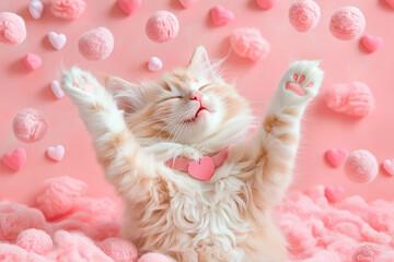 Calico stuffed kitten dancing with multiple tiny pink hearts, patches of different textured fabrics, cute ribbon collar, detailed stitching, isolated on gradient coral background