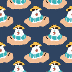 Seamless pattern Tuxedo cat in an inflatable ring sits on the sand wearing sunglasses, a hat and drinks cocktail in coconut from a straw. Flat style illustration for summer design on blue background.